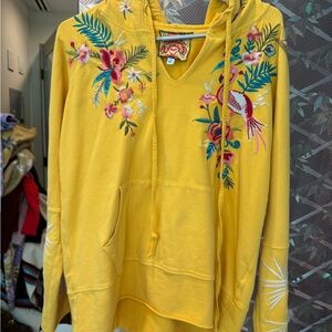 Johnny Was Yellow V-Neck Sweater with Floral Embroidery